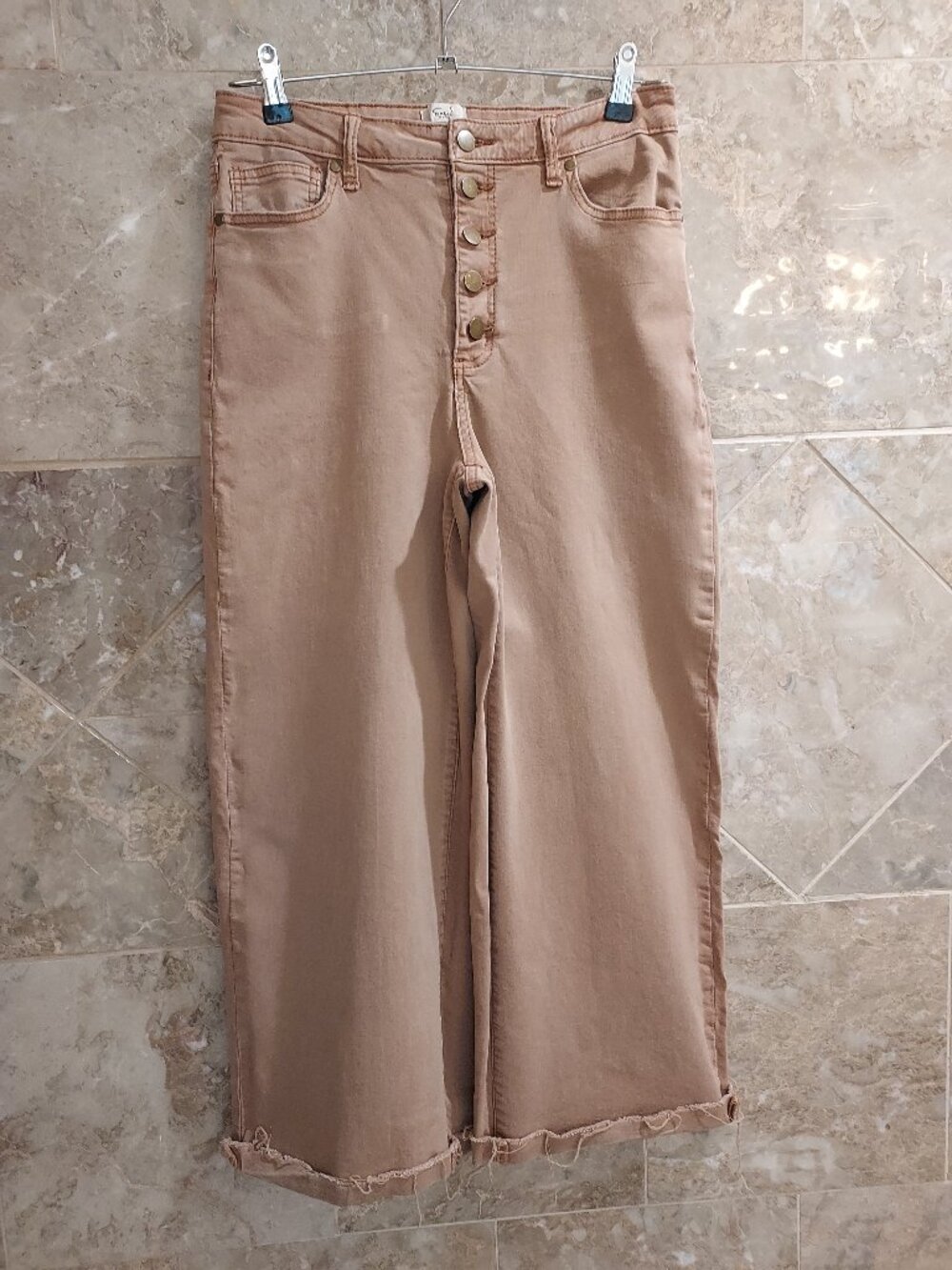 Easel High Rise Wide Leg Cropped Twill Pants Exposed Button Fly Raw Hem Large